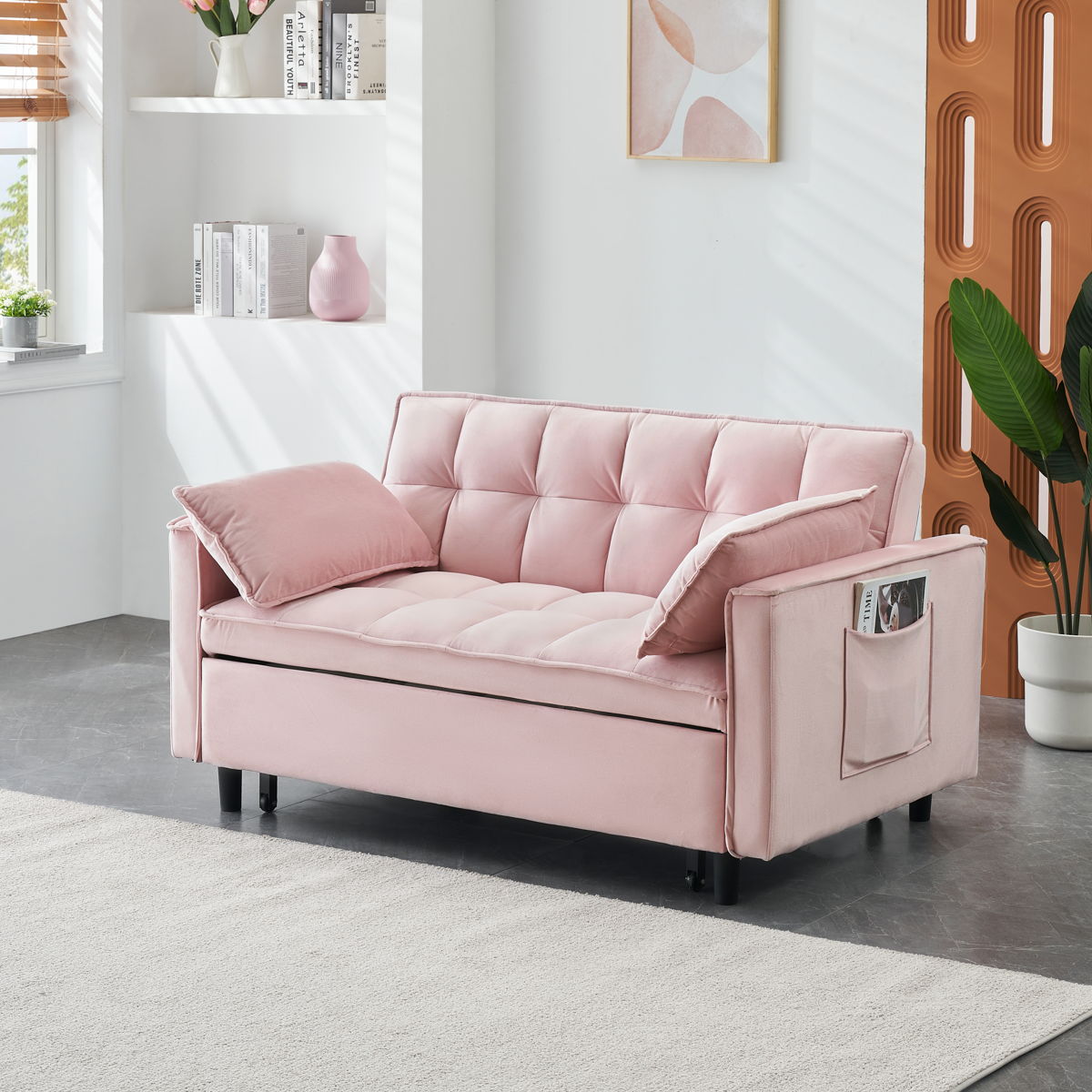 Modern Velvet Sofa, Sofa Pull-Out Bed, Small Love Seat Casual Sofa With Back, With Pillow, Pockets, Living Room Furniture, 3 In 1 Convertible Sleep Sofa Bed - Image 3
