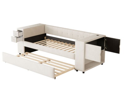 Upholstered Bed With Storage And Twin Trundle, USB Charging Ports