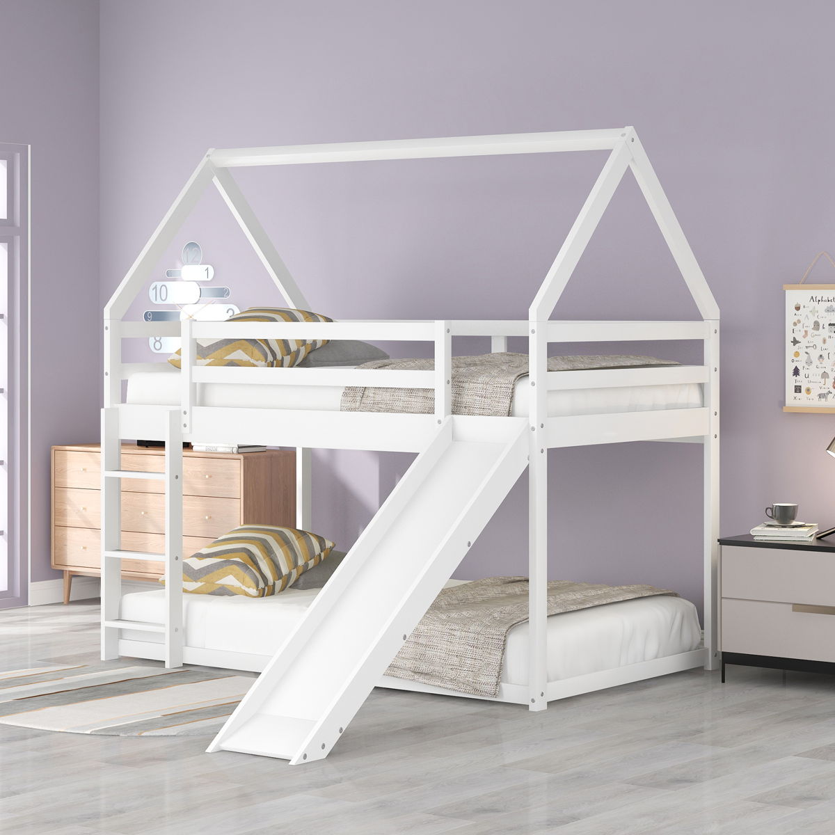 Twin Size Bunk House Bed With Slide And Ladder - White - Image 3