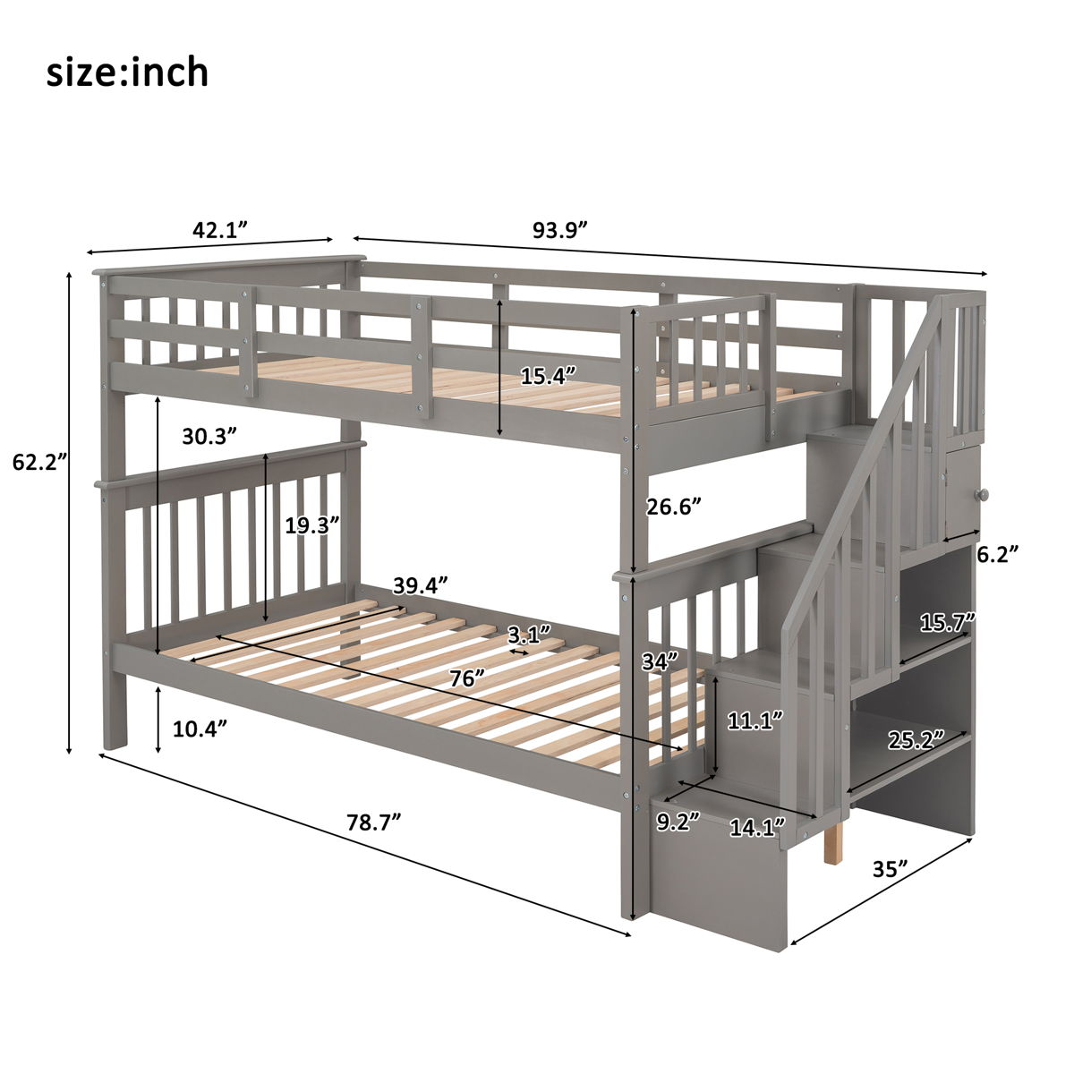 Stairway Bunk Bed With Storage And Guard Rail For Bedroom - Image 11
