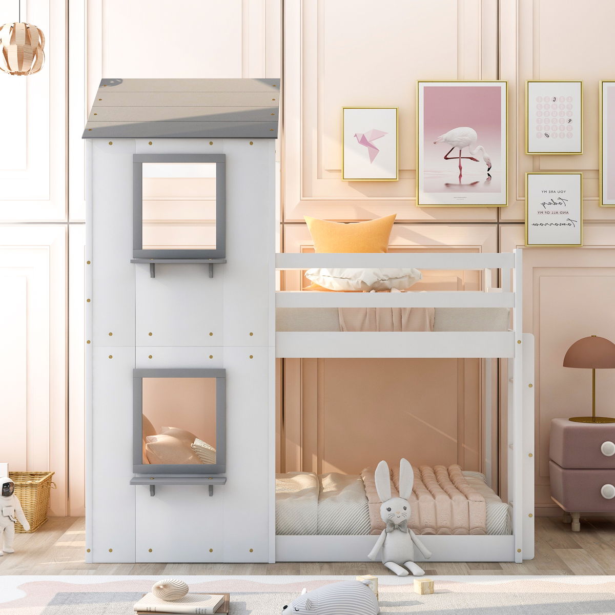 Bunk Bed Wood Bed & Roof, Window, Guardrail, Ladder - Image 2