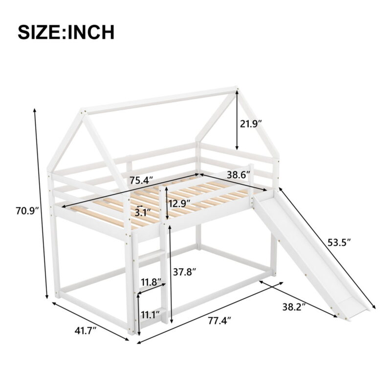 Twin Size Bunk House Bed With Slide And Ladder - White - Image 4
