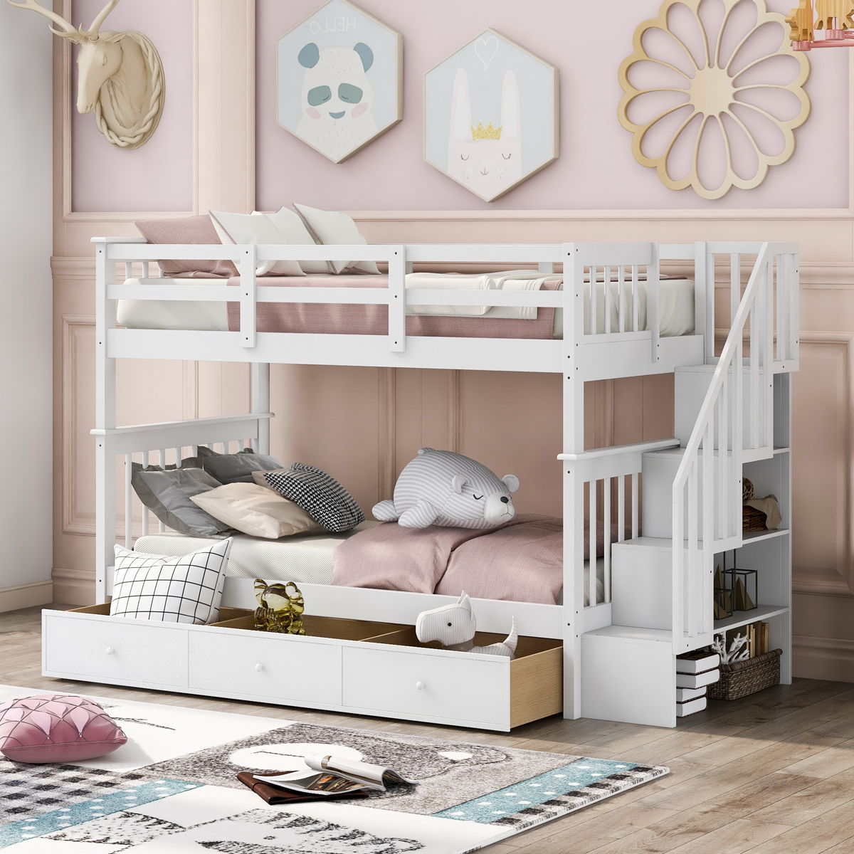 Stairway Bunk Bed With Storage And Guard Rail For Bedroom - Image 8