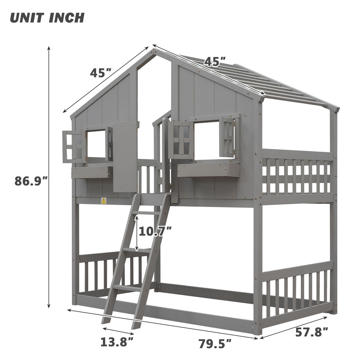 House Bunk Bed With Roof, Window, Window Box, Door, With Safety Guardrails And Ladder - Image 8