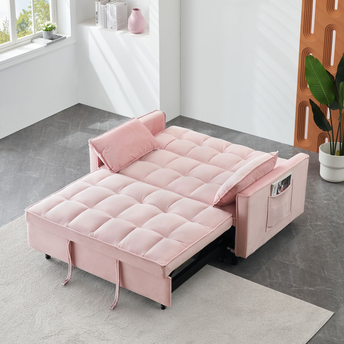 Modern Velvet Sofa, Sofa Pull-Out Bed, Small Love Seat Casual Sofa With Back, With Pillow, Pockets, Living Room Furniture, 3 In 1 Convertible Sleep Sofa Bed - Image 4