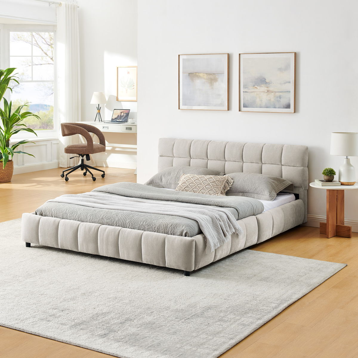 Modern Platform Bed Frame With Thick Chenille Fabric - Image 2