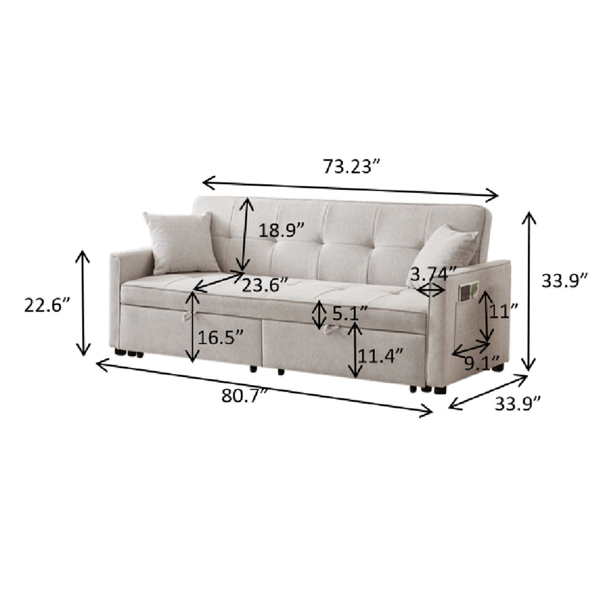 3 In 1 Convertible Sleeper Sofa Bed, Reclining Backrest, Pillows, Pockets - Image 7