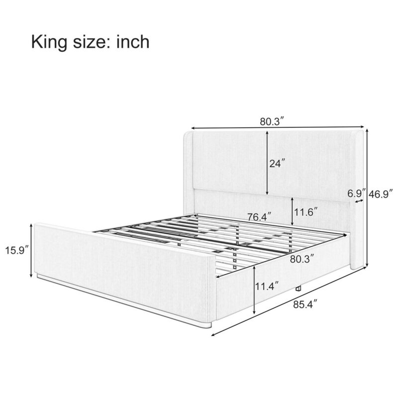 King Size Luxurious Corduroy Upholstered Bed Frame With Vertical Stripe Wingback Headboard And High Footboard - Light Gray - Image 3