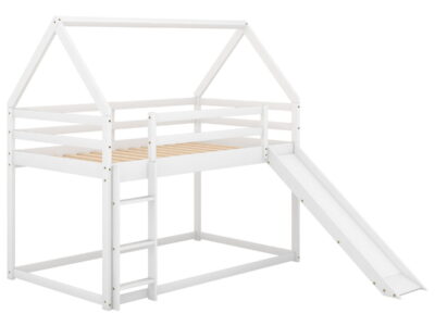 Twin Size Bunk House Bed With Slide And Ladder - White
