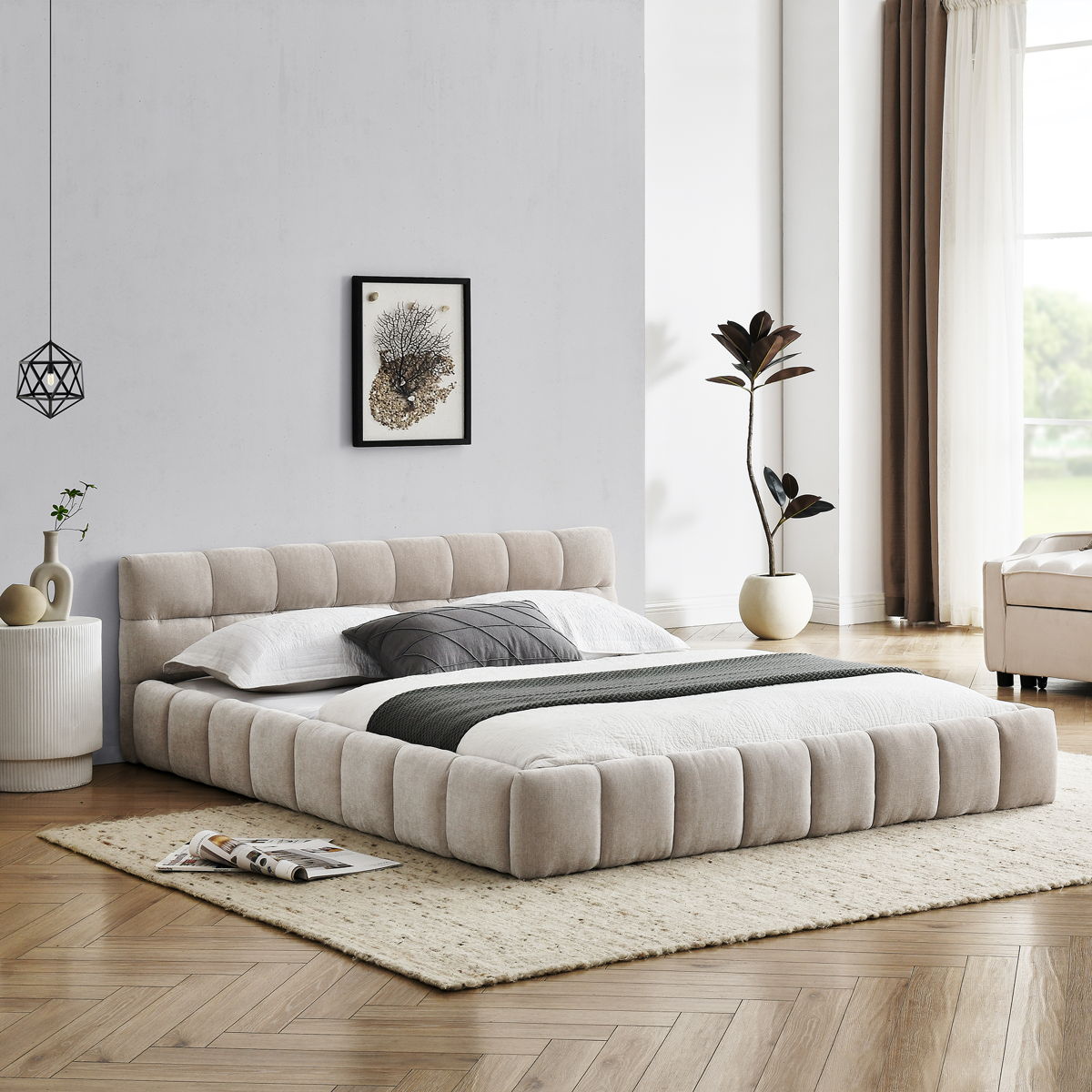 Modern Platform Bed Frame With Thick Chenille Fabric - Image 10