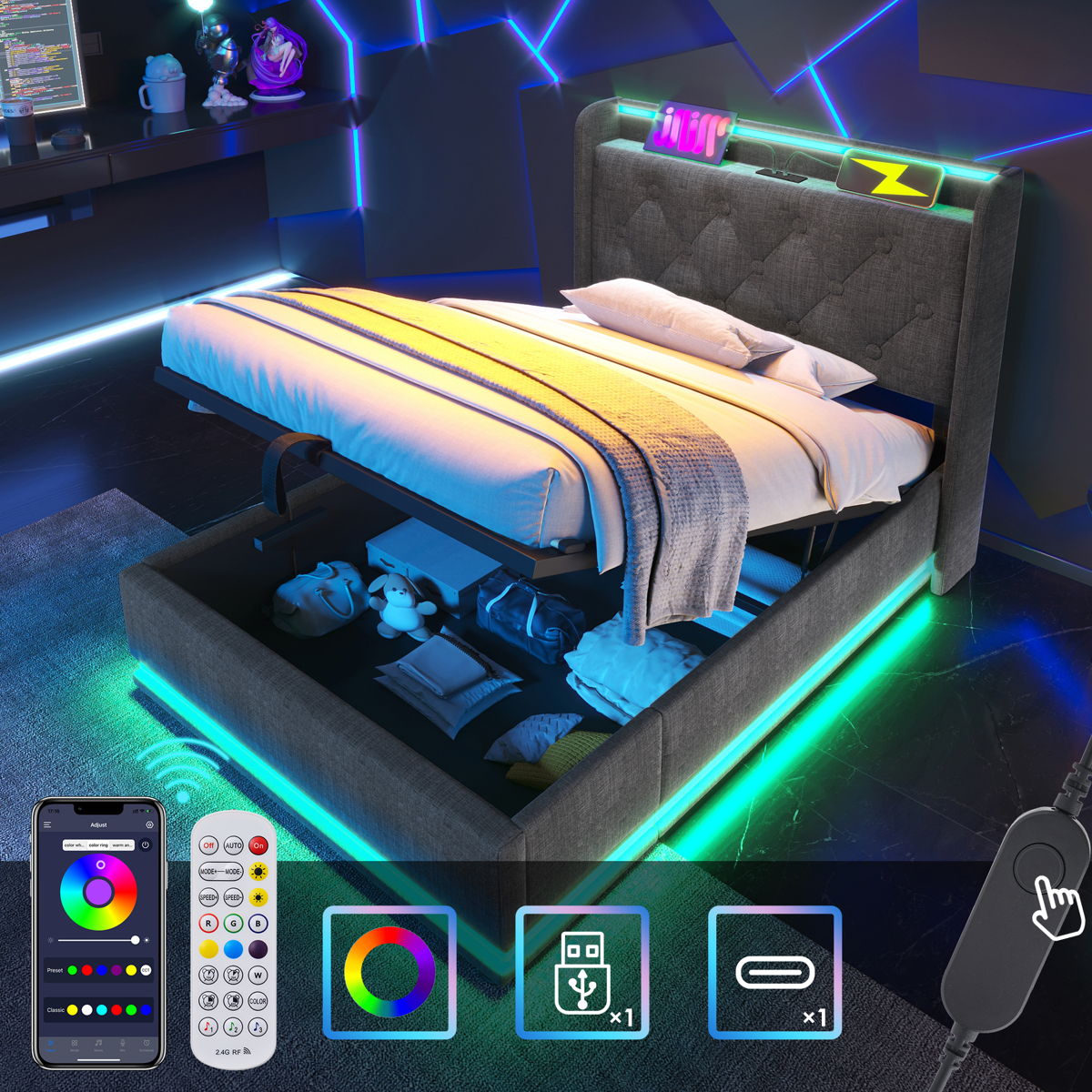 Upholstered Bed, 360 Surround LED Function, Remote Control, Hydraulic Storage Bed With USB, Type-C Charging (Without Mattress) - Image 18