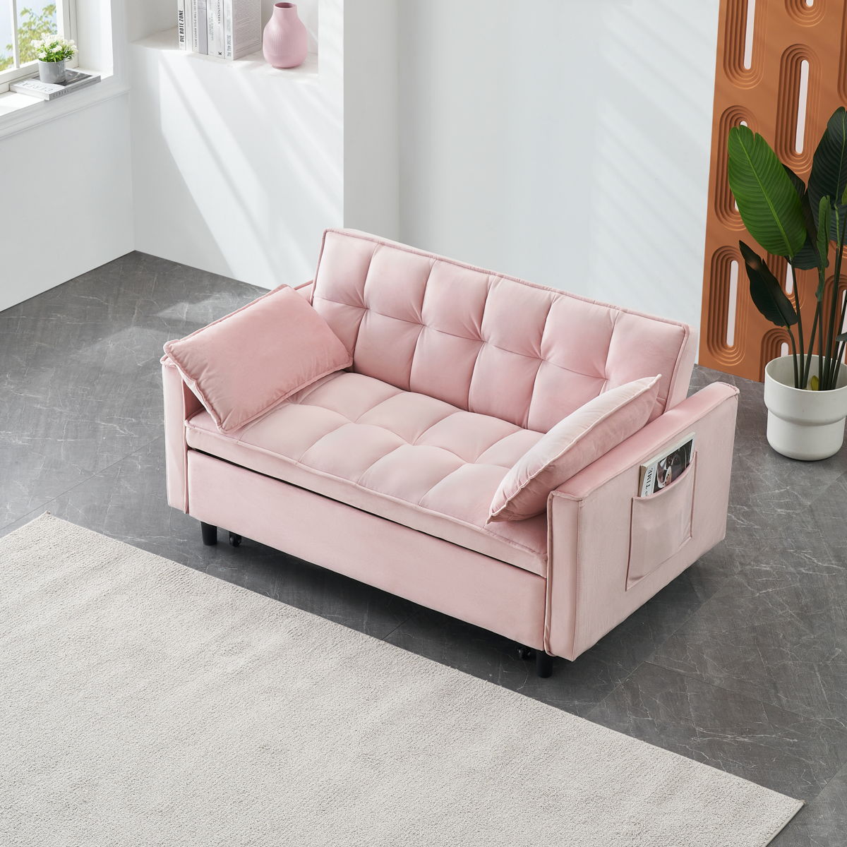 Modern Velvet Sofa, Sofa Pull-Out Bed, Small Love Seat Casual Sofa With Back, With Pillow, Pockets, Living Room Furniture, 3 In 1 Convertible Sleep Sofa Bed - Image 2