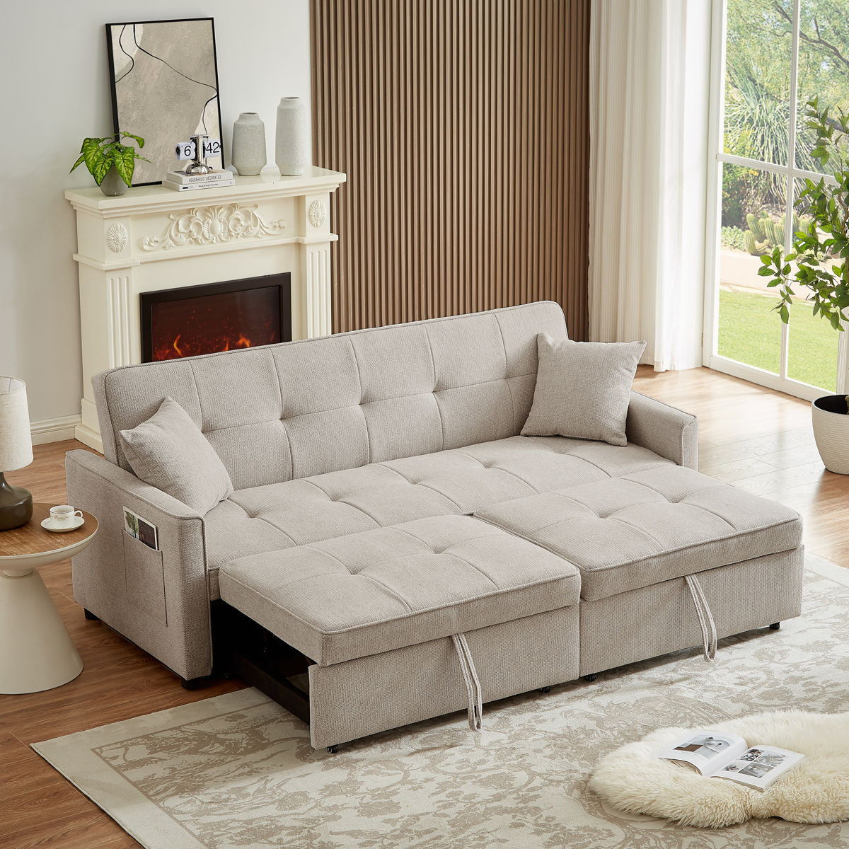 3 In 1 Convertible Sleeper Sofa Bed, Reclining Backrest, Pillows, Pockets - Image 5