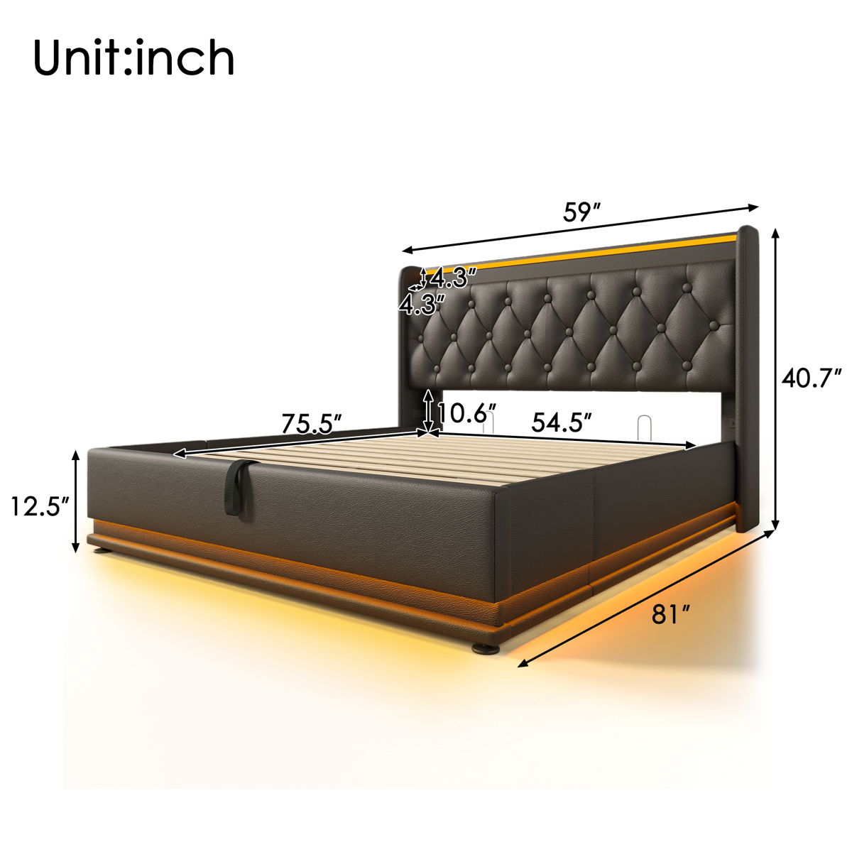 Upholstered Bed, 360 Surround LED Function, Remote Control, Hydraulic Storage Bed With USB, Type-C Charging (Without Mattress) - Image 11