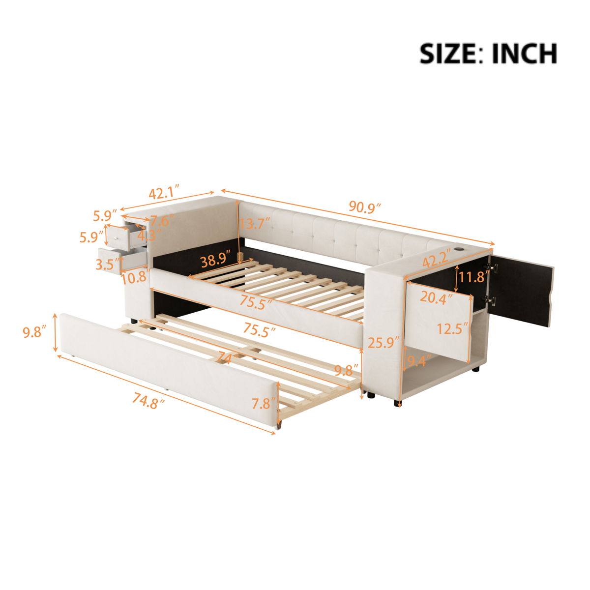 Upholstered Bed With Storage And Twin Trundle, USB Charging Ports - Image 2
