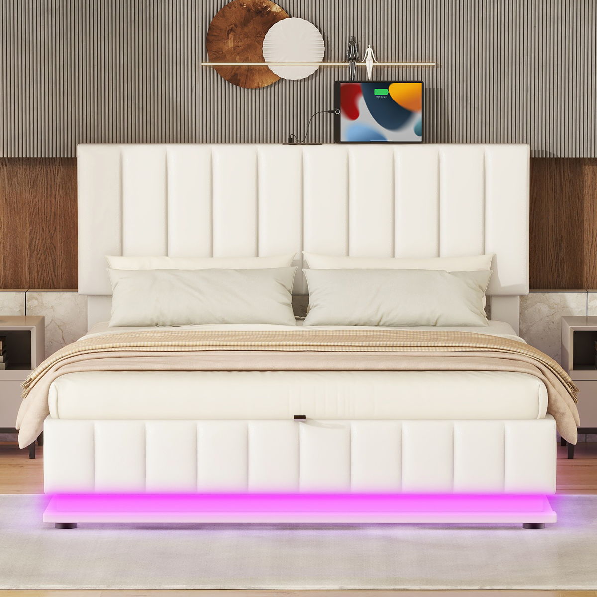 Upholstered Bed With Hydraulic Storage System And LED Light, With Sockets And USB Ports - Image 9