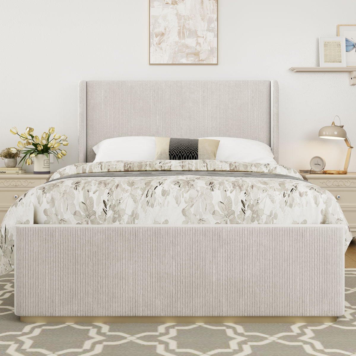 King Size Luxurious Corduroy Upholstered Bed Frame With Vertical Stripe Wingback Headboard And High Footboard - Light Gray - Image 4