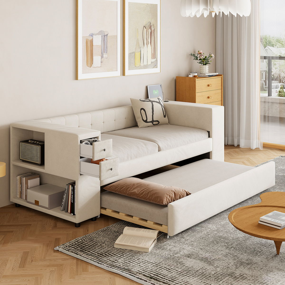 Upholstered Bed With Storage And Twin Trundle, USB Charging Ports - Image 5