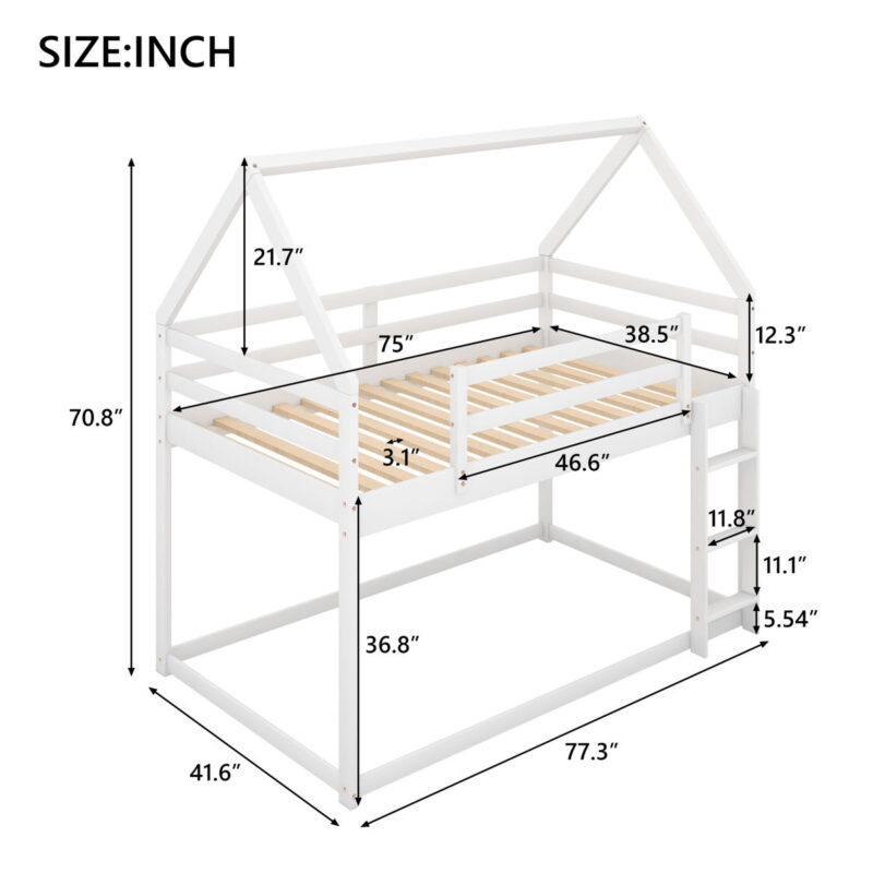 Twin Over Twin Low Bunk Bed, House Bed With Ladder - White - Image 2