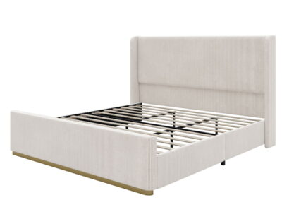 King Size Luxurious Corduroy Upholstered Bed Frame With Vertical Stripe Wingback Headboard And High Footboard - Light Gray