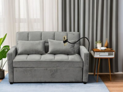 3 In 1 Convertible Sleeper Sofa Bed, Modern Velvet Fabric Futon Sofa Couch Pullout Bed, Adjustable Backrest With Three USB Ports, Two Side Pockets, Two Cup Holders And Swivel Phone Holder