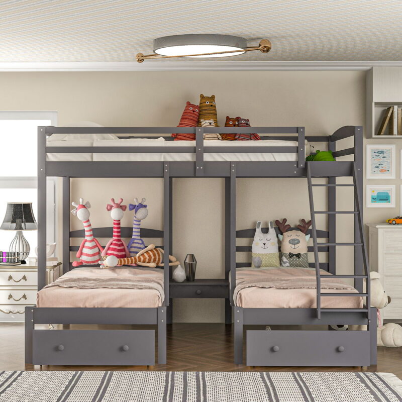 Full Over Twin & Twin Bunk Bed, Triple Bunk Bed With Drawers - Gray - Image 3