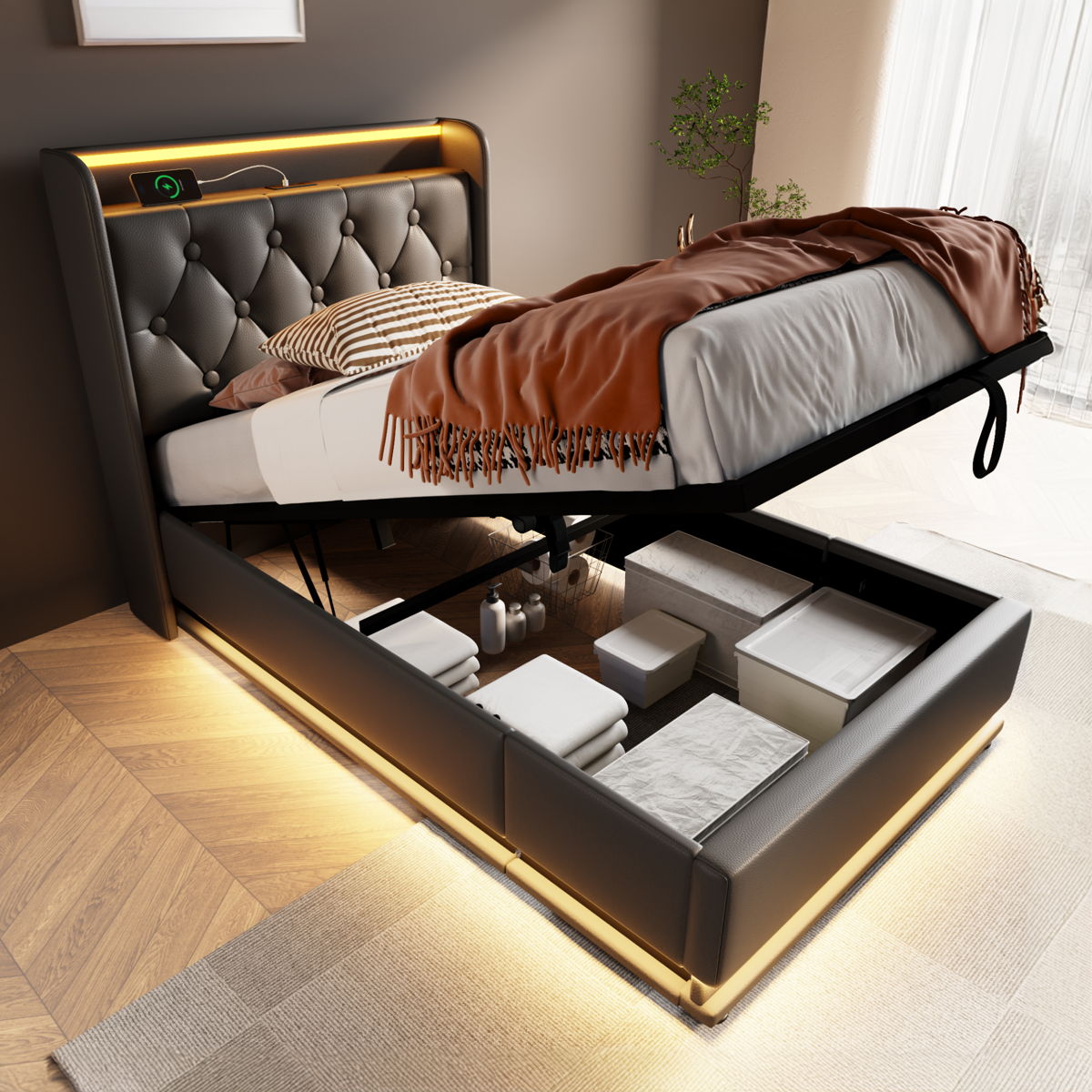 Upholstered Bed, 360 Surround LED Function, Remote Control, Hydraulic Storage Bed With USB, Type-C Charging (Without Mattress) - Image 3