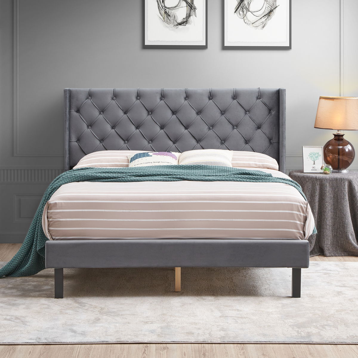Queen Platform Tufted Upholstered Bed With Wings Design, Strong Wood Slat Support - Gray - Image 2