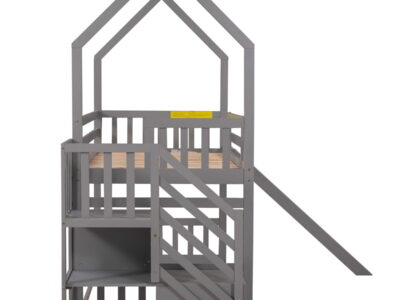 Twin Over Twin House Bunk Bed With Convertible Slide, Storage Staircase