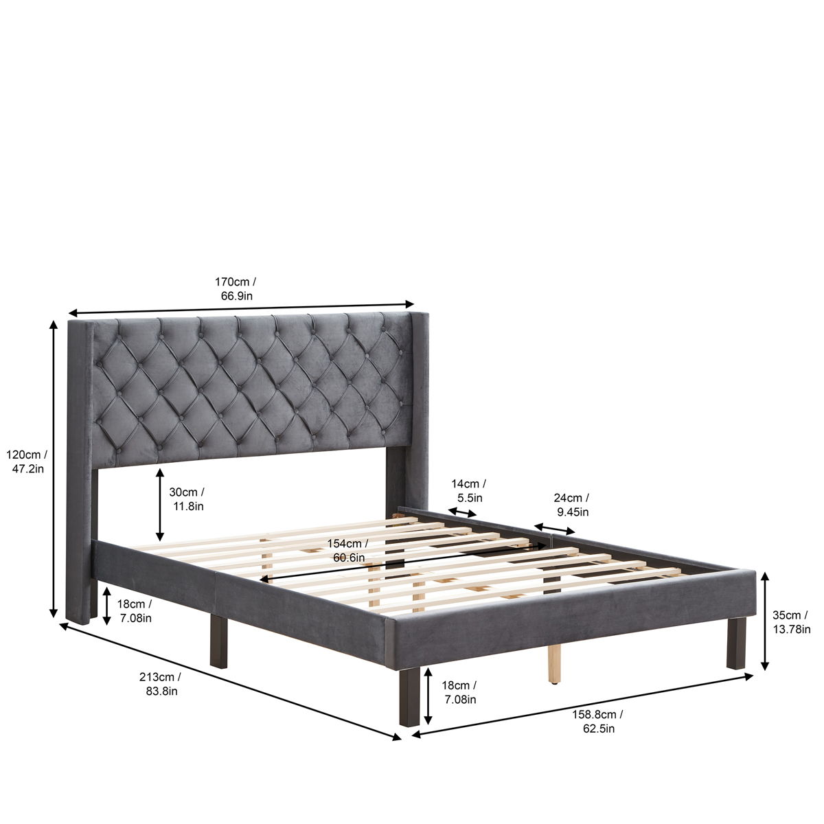 Velvet Button Tufted-Upholstered Bed With Wings Design Strong Wood Slat Support Queen Platform Bed - Gray - Image 4