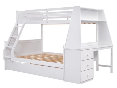 Twin Over Full Bunk Bed With Trundle And Built-In Desk, Three Storage Drawers And Shelf - White