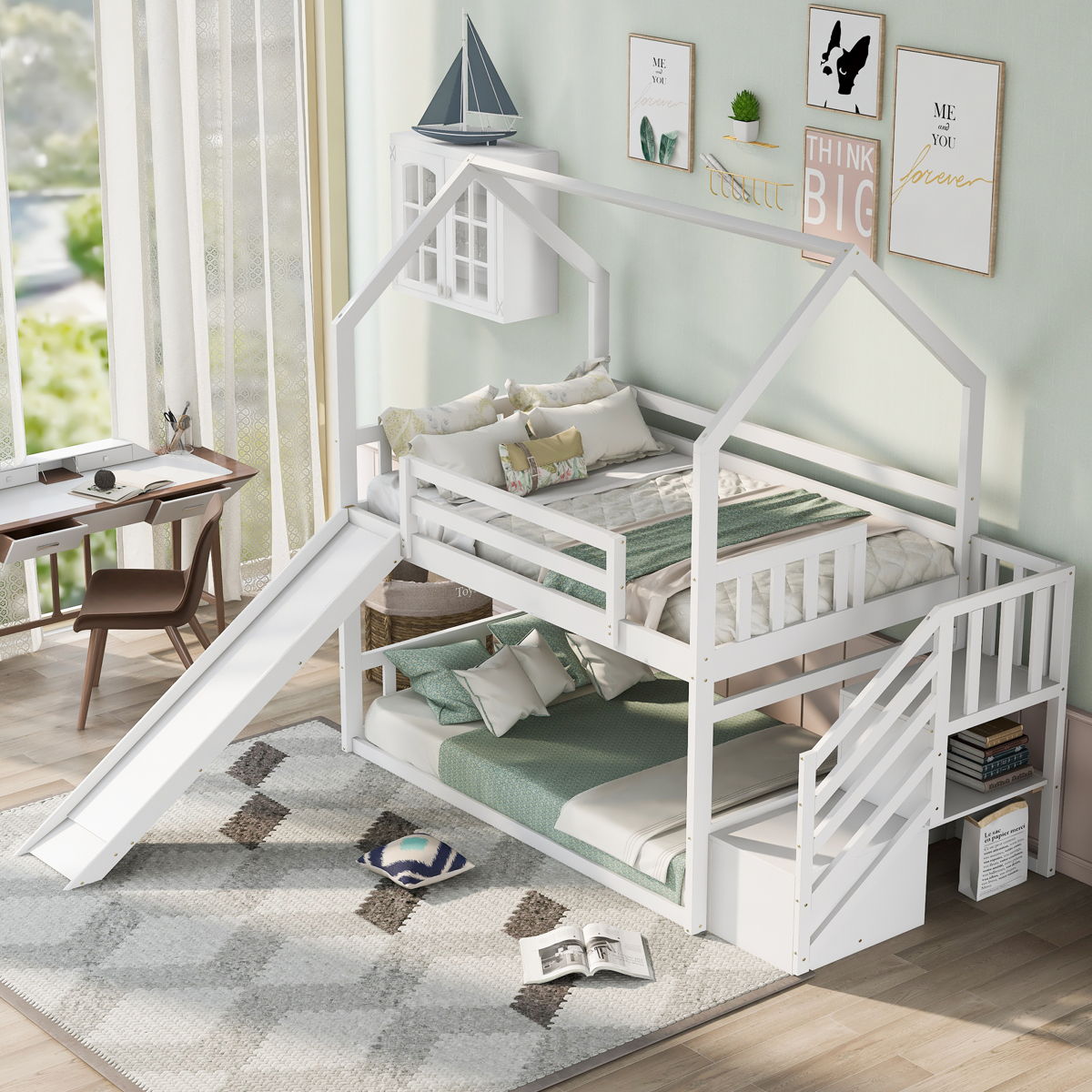 Twin Over Twin House Bunk Bed With Convertible Slide, Storage Staircase - Image 5