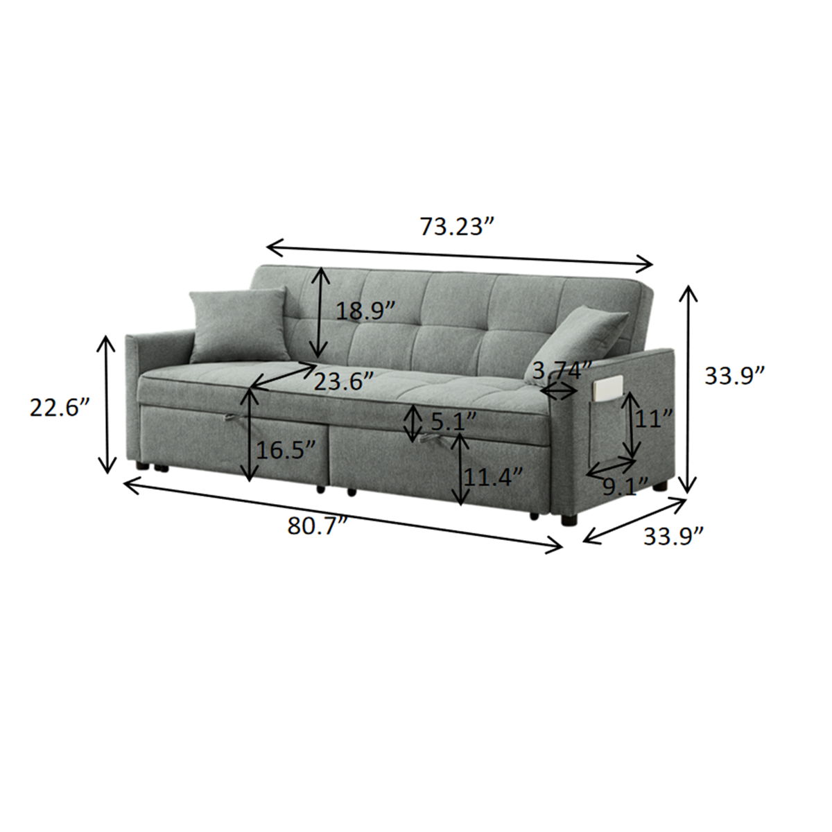 3 In 1 Convertible Sleeper Sofa Bed, Reclining Backrest, Pillows, Pockets - Image 10