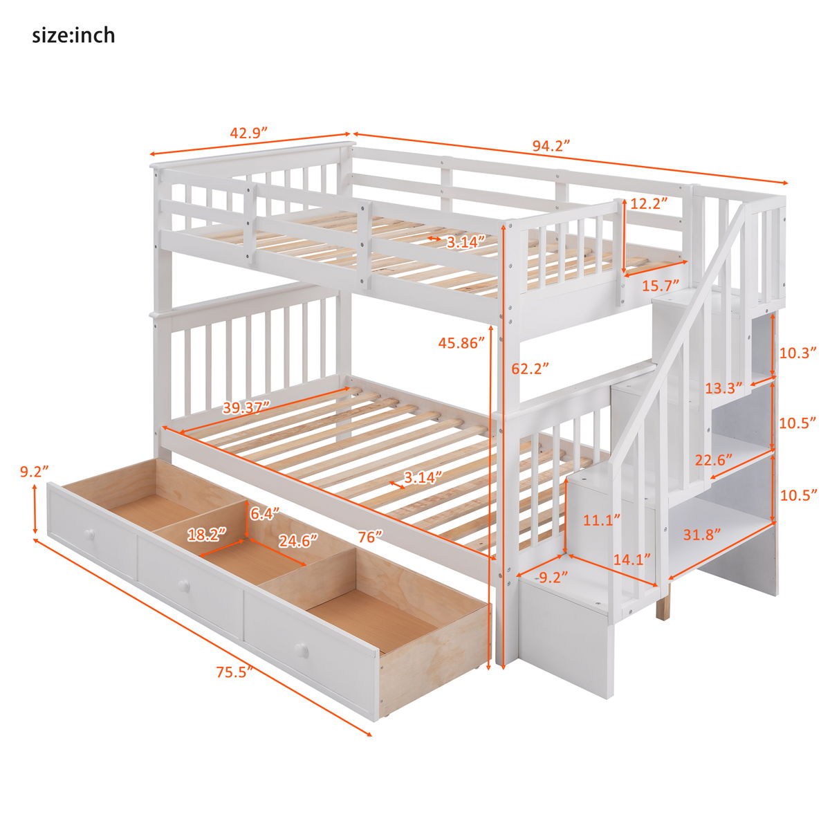 Stairway Bunk Bed With Storage And Guard Rail For Bedroom - Image 26