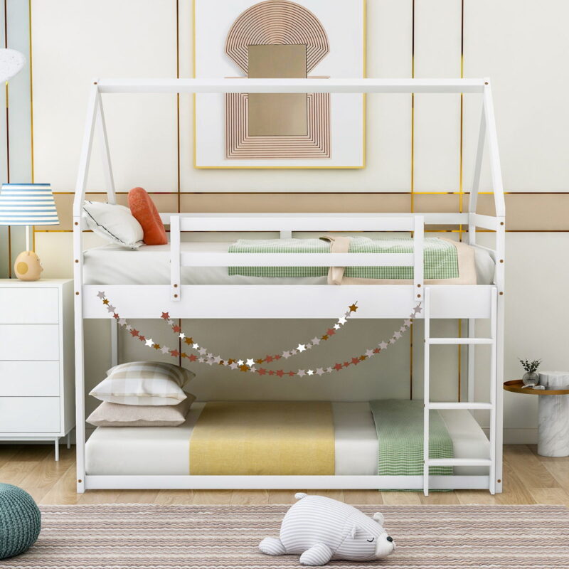 Twin Over Twin Low Bunk Bed, House Bed With Ladder - White - Image 4