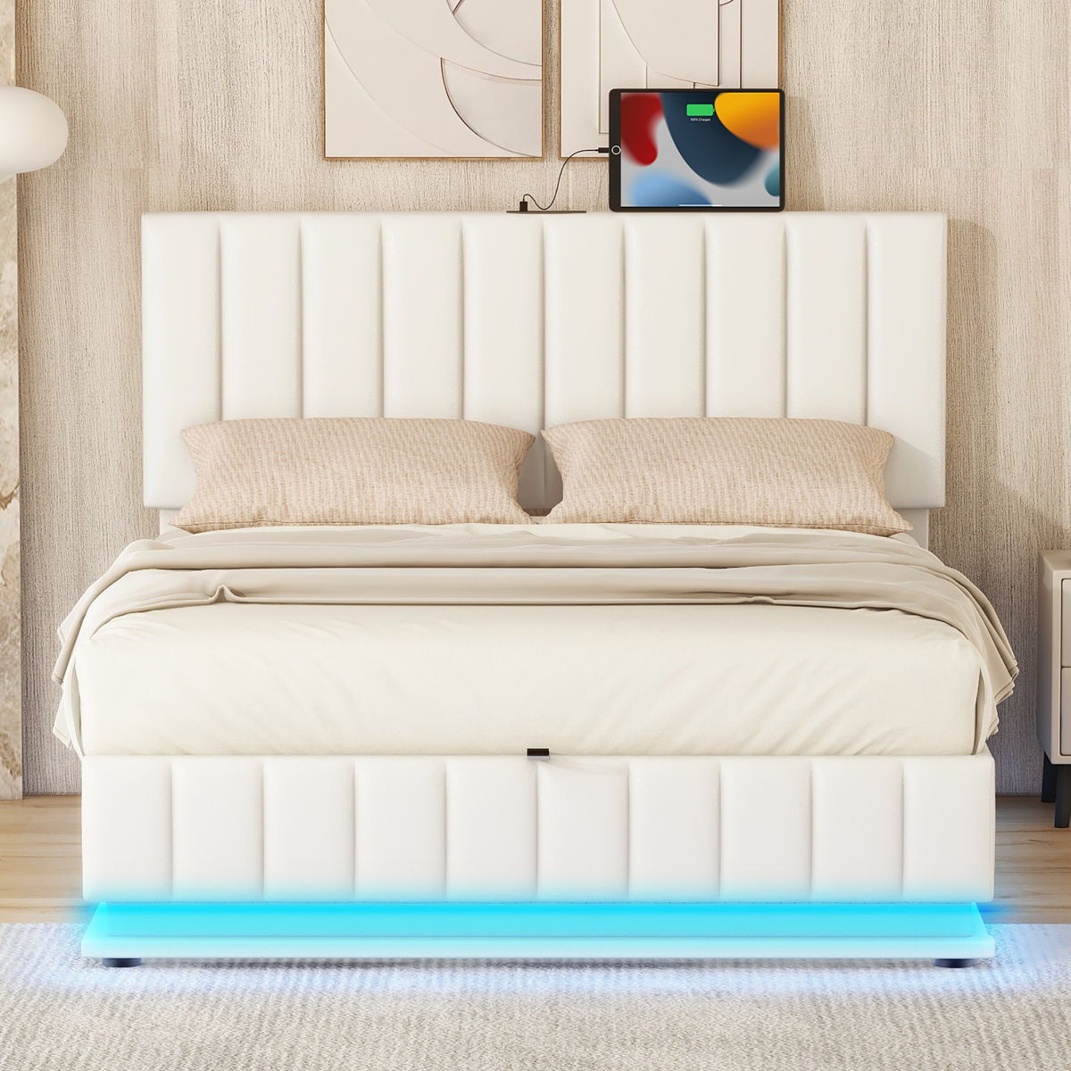 Upholstered Bed With Hydraulic Storage System And LED Light, With Sockets And USB Ports - Image 5