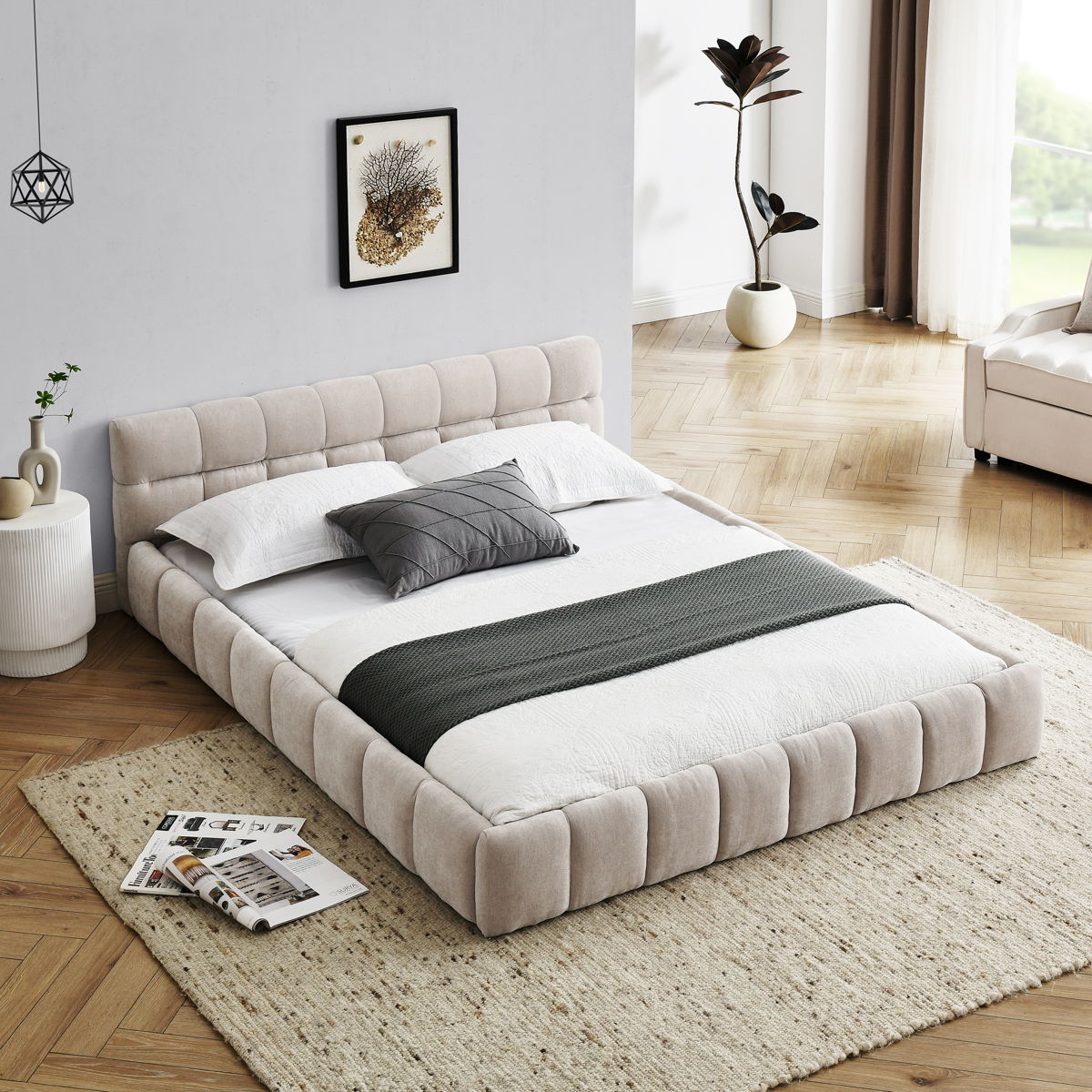 Modern Platform Bed Frame With Thick Chenille Fabric - Image 6