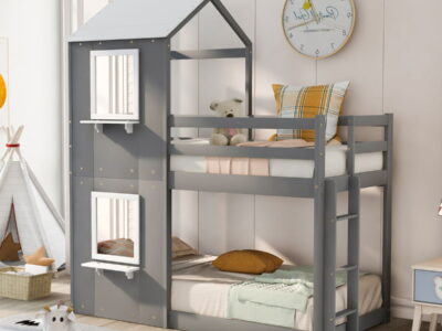 Bunk Bed Wood Bed & Roof, Window, Guardrail, Ladder