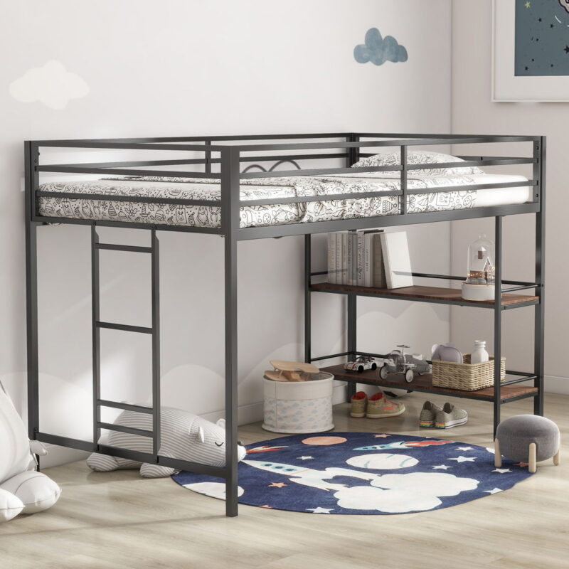 Adam - Junior Twin Loft Bunk Bed With Cinnamon Wood Shelf - Black - Image 3