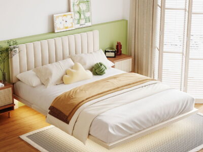 Upholstered Bed With Sensor Light And Headboard, Floating Velvet Platform Bed