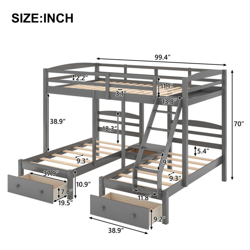 Full Over Twin & Twin Bunk Bed, Triple Bunk Bed With Drawers - Gray - Image 4
