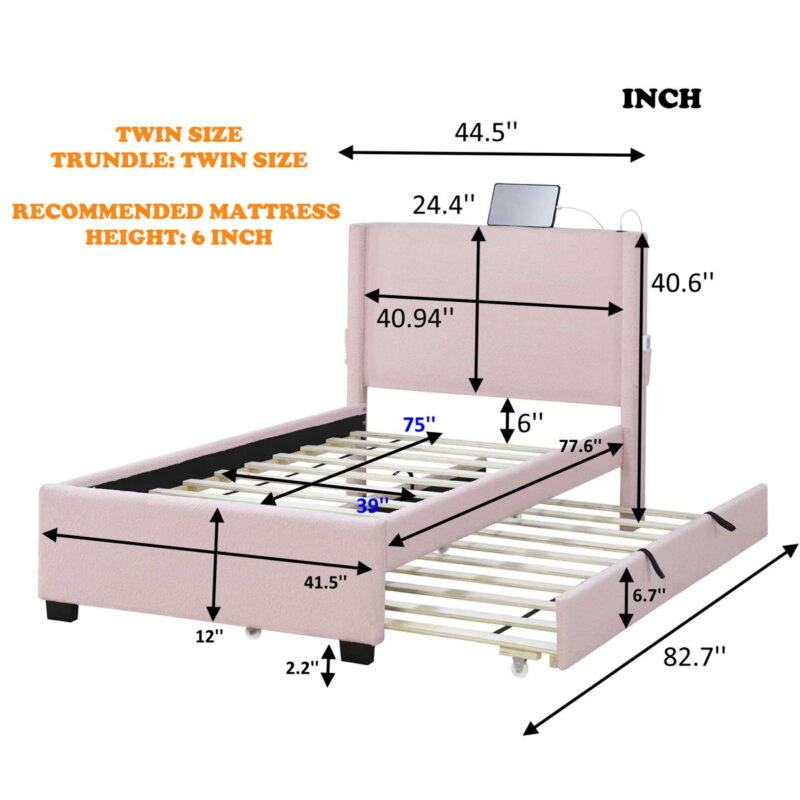 Twin Size Upholstered Bed Frame With Trundle Bed, Teddy Fabric, USB Functionality, And A Pocket Design On The Side Of The Headboard For Storing Small Items - Baby Pink - Image 3