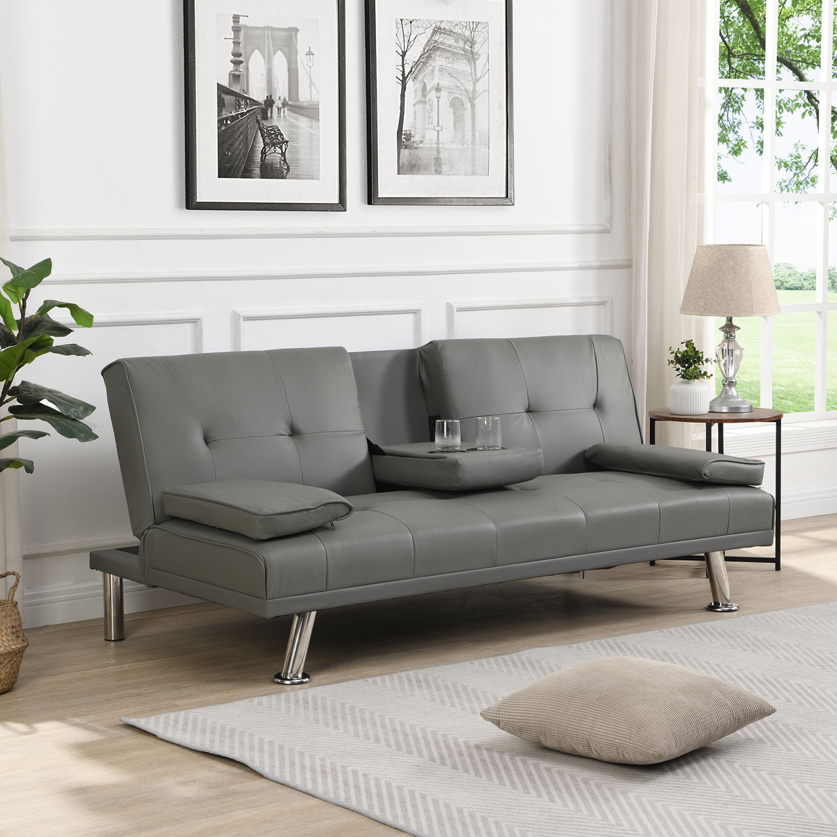 Modern Sofa Bed With Armrest 2 Holders, Wood Frame & Stainless Leg - Image 3