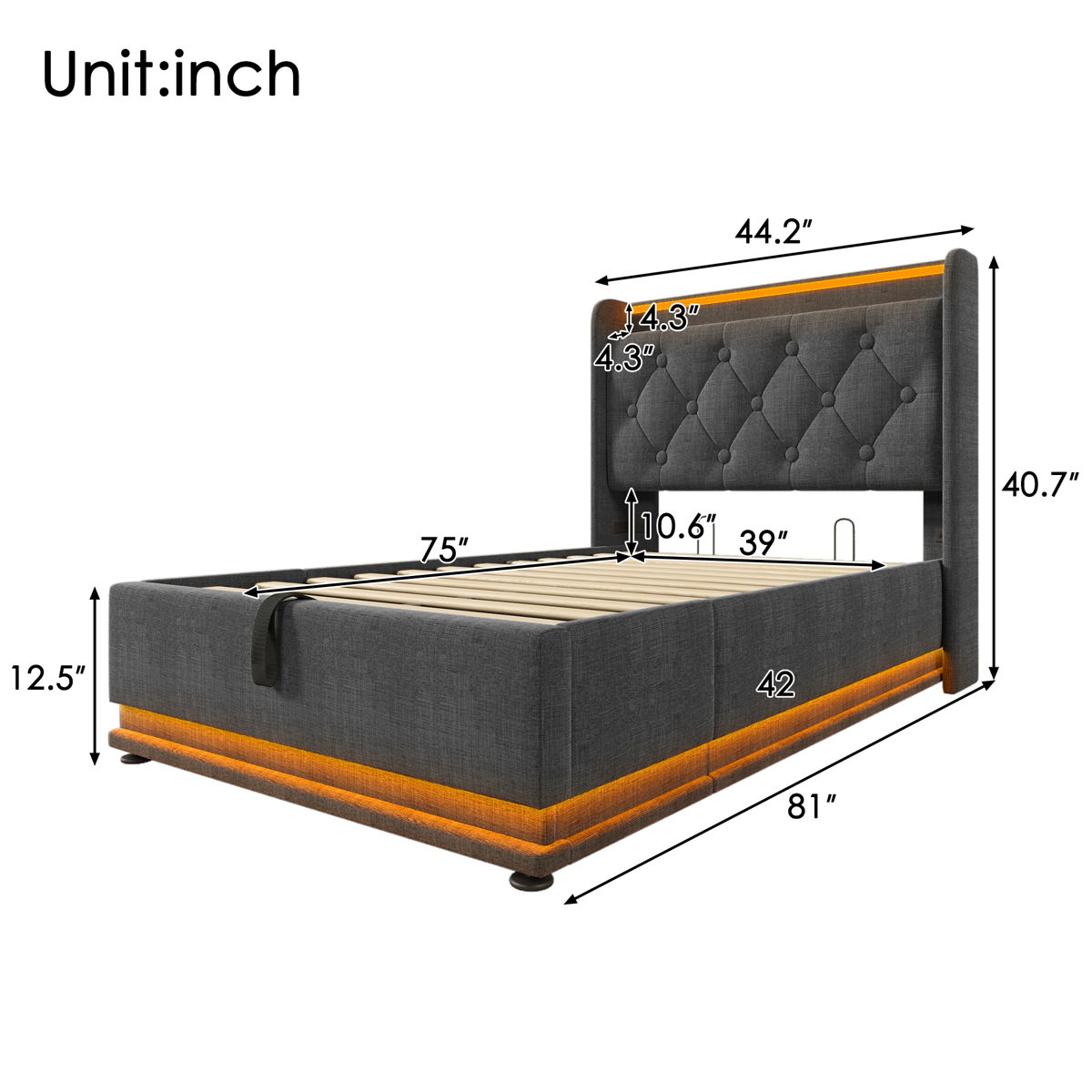 Upholstered Bed, 360 Surround LED Function, Remote Control, Hydraulic Storage Bed With USB, Type-C Charging (Without Mattress) - Image 8