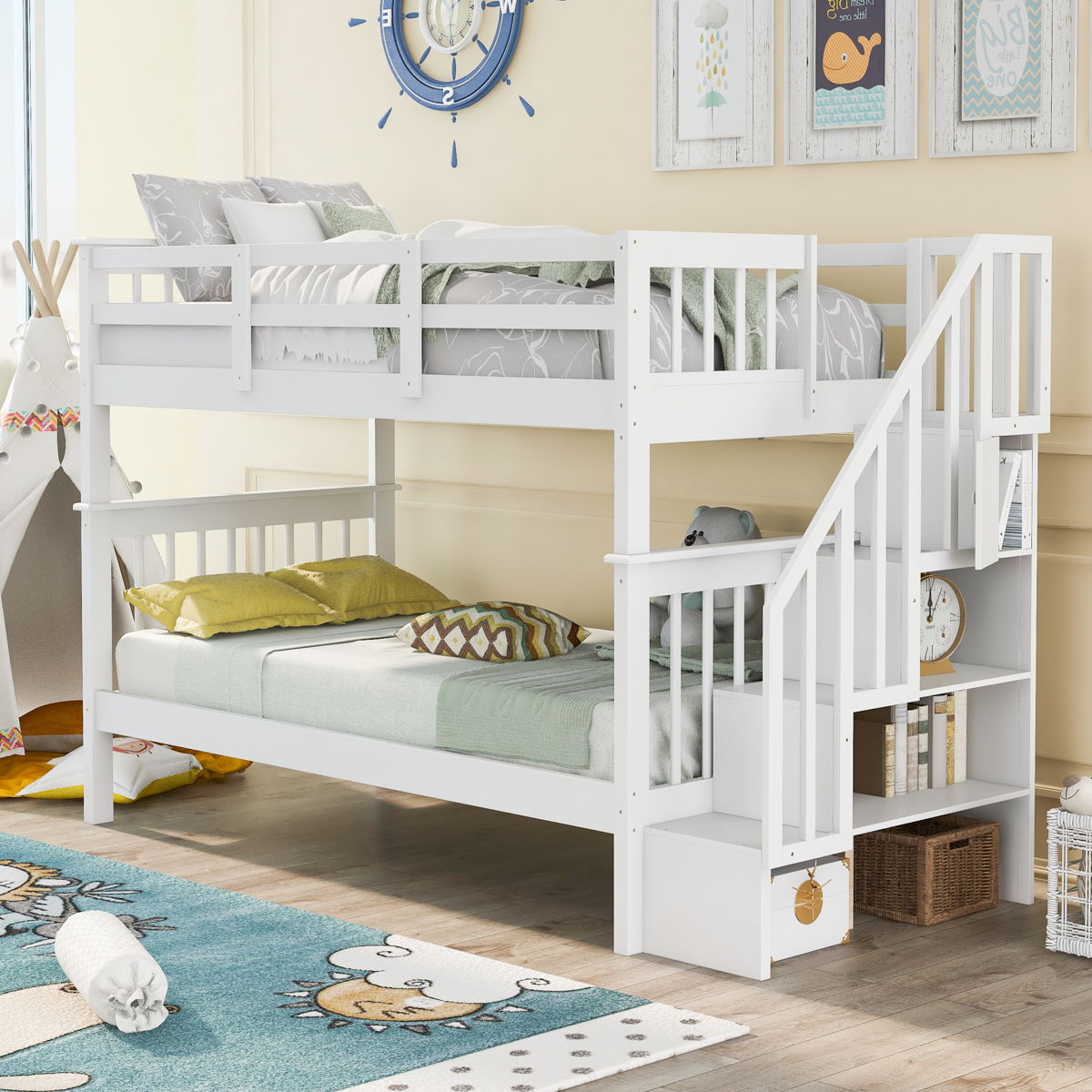 Stairway Bunk Bed With Storage And Guard Rail For Bedroom - Image 22