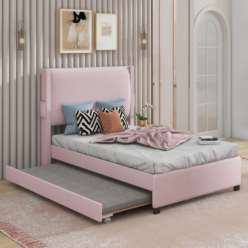 Twin Size Upholstered Bed Frame With Trundle Bed, Teddy Fabric, USB Functionality, And A Pocket Design On The Side Of The Headboard For Storing Small Items - Baby Pink - Image 4