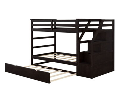 Twin Over Twin Bunk Bed With Twin Size Trundle And 3 Storage Stairs - Espresso