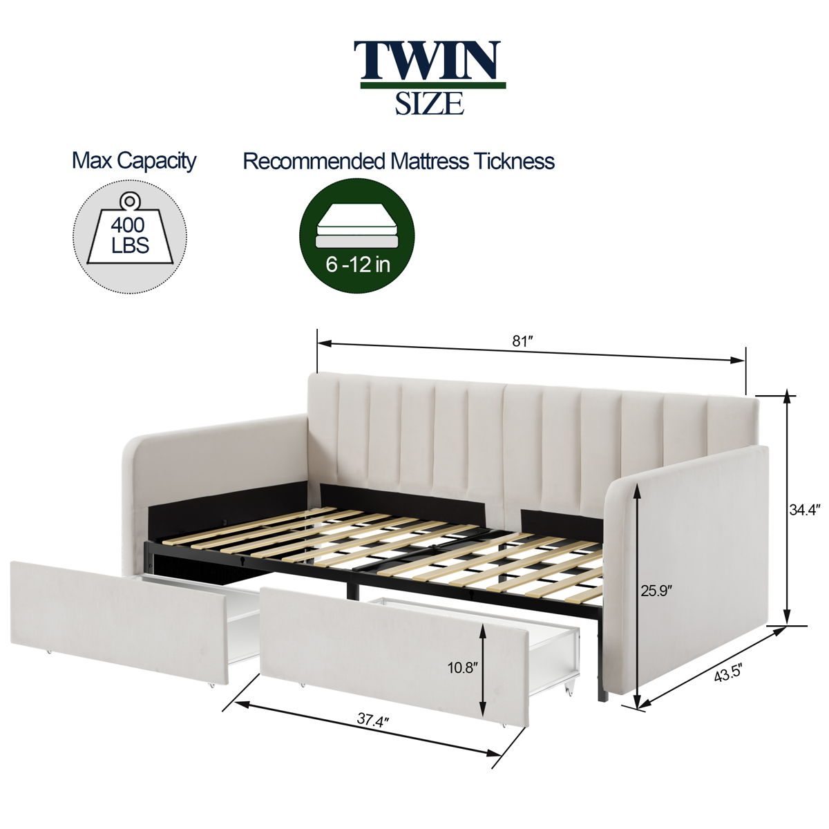 Flora - Upholstered Daybed With 2 Drawers Ribbed Tufted Backrest in Lavish Modern Design - Image 4