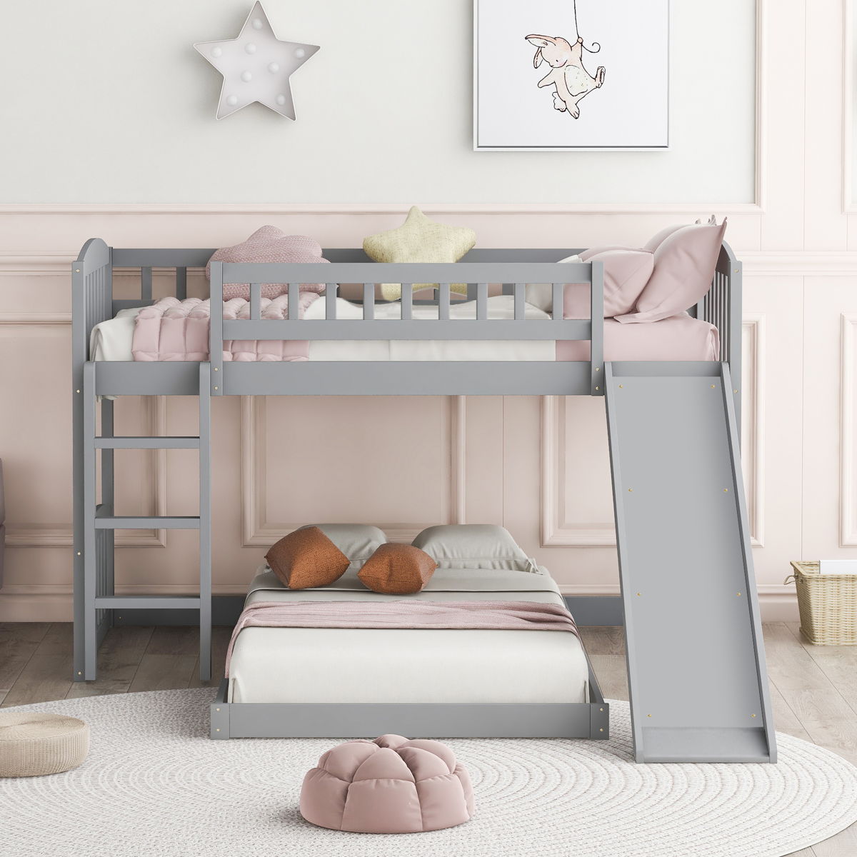 Twin Over Twin Classic Bunk Bed With Slide And Ladder - Gray - Image 3