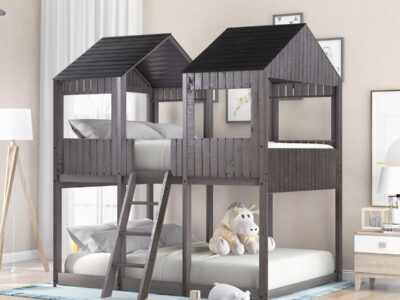 Bunk Bed With Roof, Window, Guardrail, Ladder